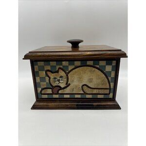 Vintage Kitschy Wood Carved Checker Cat Recipe Stash Tea Box Handpainted